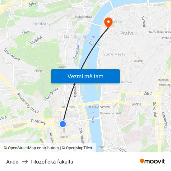 Anděl to Filozofická fakulta map