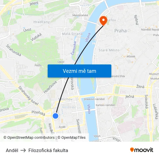 Anděl to Filozofická fakulta map