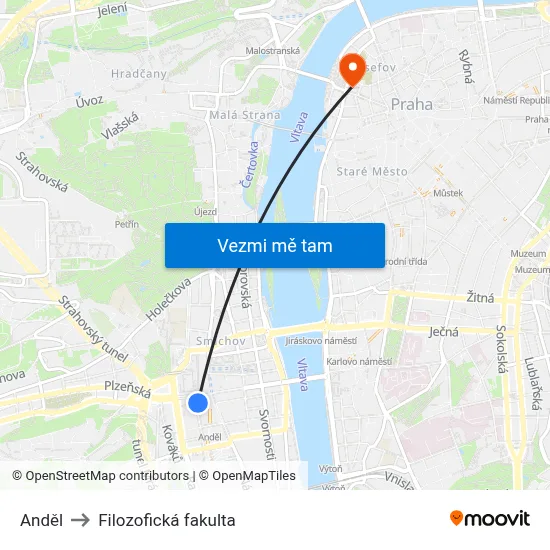 Anděl to Filozofická fakulta map