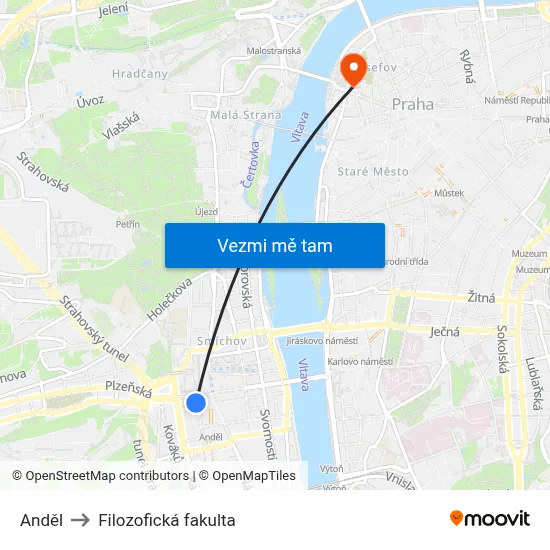 Anděl to Filozofická fakulta map