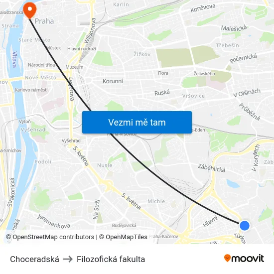 Choceradská to Filozofická fakulta map