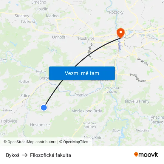 Bykoš to Filozofická fakulta map