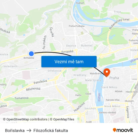 Bořislavka to Filozofická fakulta map