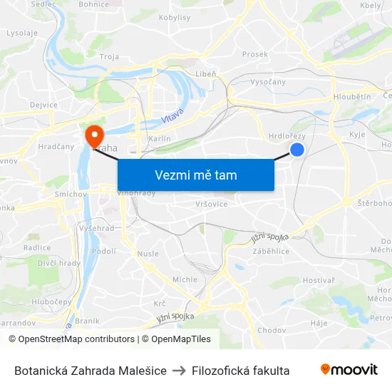 Botanická Zahrada Malešice to Filozofická fakulta map