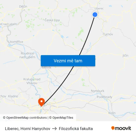 Liberec, Horní Hanychov to Filozofická fakulta map