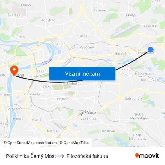 Poliklinika Černý Most to Filozofická fakulta map