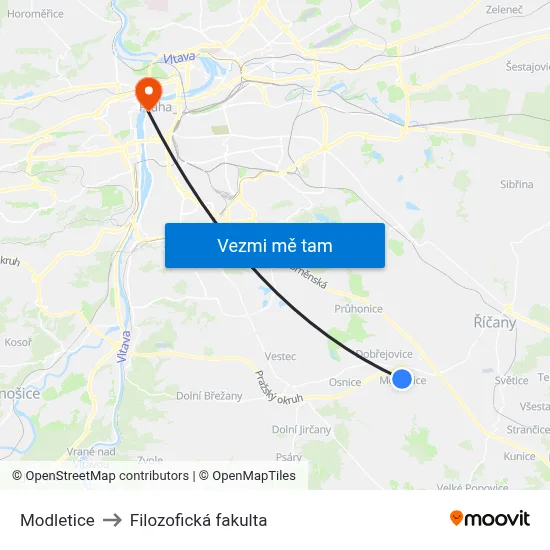 Modletice to Filozofická fakulta map