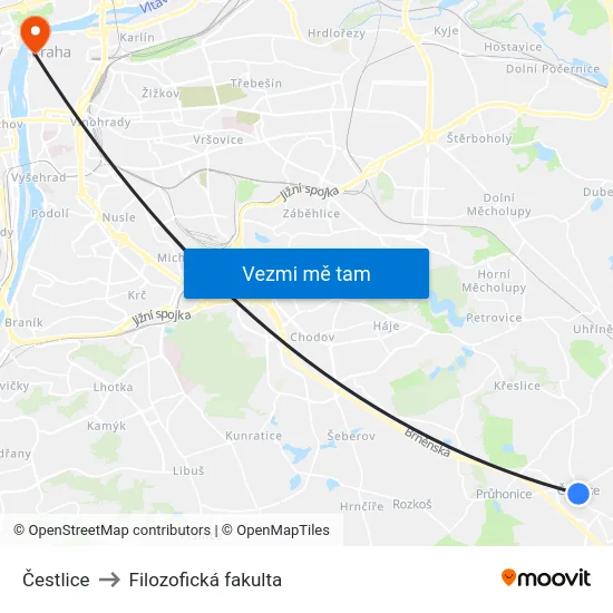 Čestlice to Filozofická fakulta map