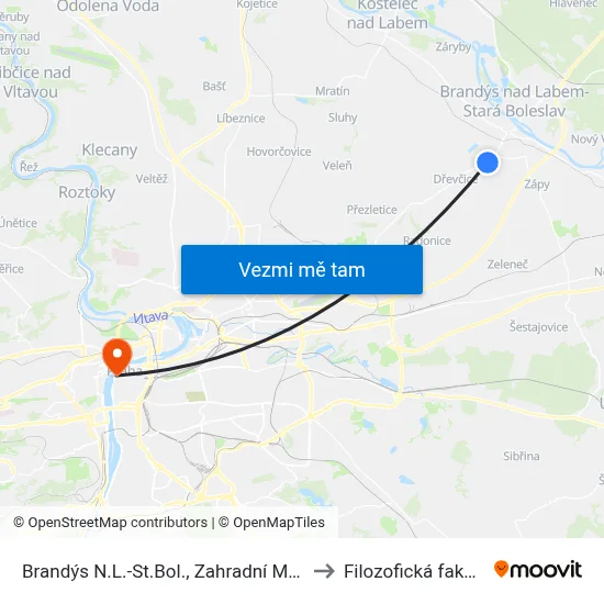 Brandýs N.L.-St.Bol., Zahradní Město to Filozofická fakulta map