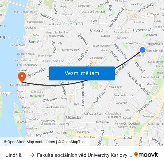 Jindřišská to Fakulta sociálních věd Univerzity Karlovy v Praze map