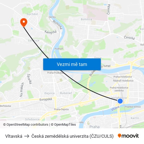 Vltavská to Česká zemědělská univerzita (ČZU / CULS) map