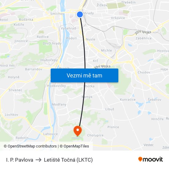 I. P. Pavlova to Letiště Točná (LKTC) map