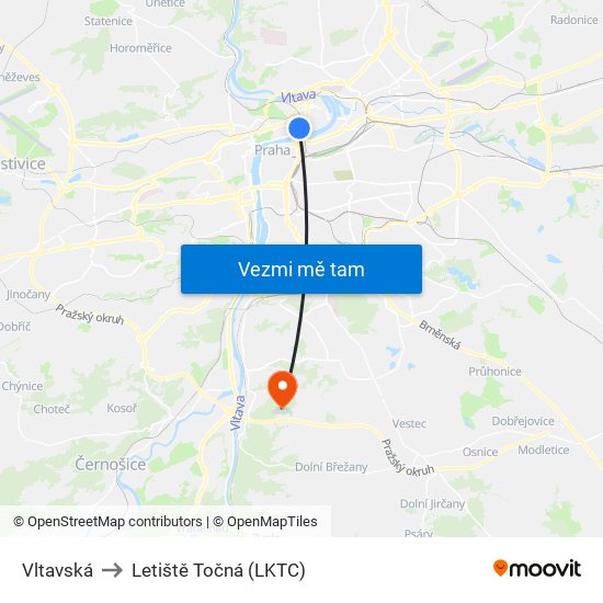 Vltavská to Letiště Točná (LKTC) map