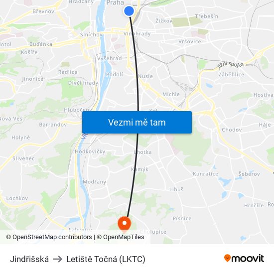 Jindřišská to Letiště Točná (LKTC) map