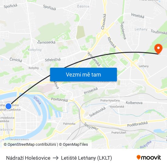 Nádraží Holešovice to Letiště Letňany (LKLT) map