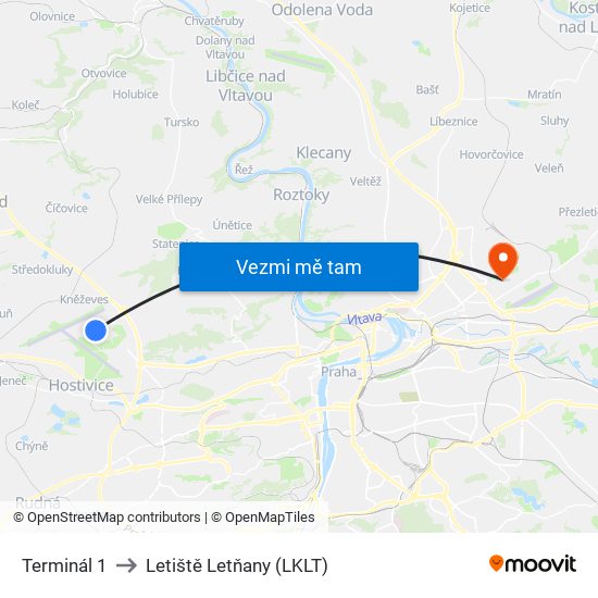 Terminál 1 to Letiště Letňany (LKLT) map