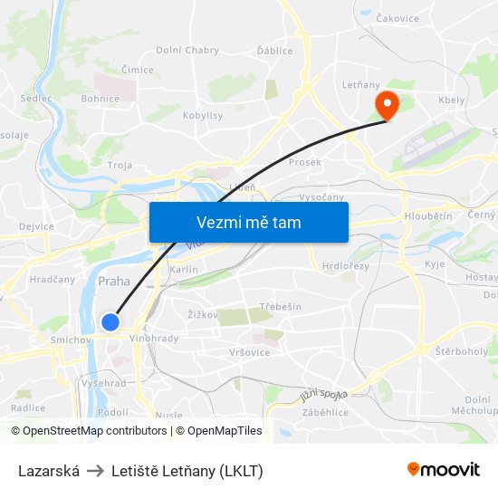 Lazarská to Letiště Letňany (LKLT) map