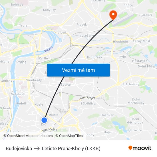 Budějovická to Letiště Praha-Kbely (LKKB) map