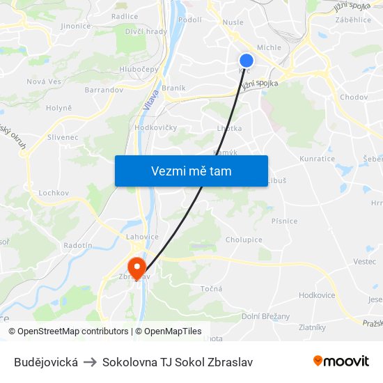 Budějovická to Sokolovna TJ Sokol Zbraslav map