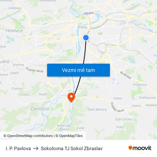 I. P. Pavlova to Sokolovna TJ Sokol Zbraslav map