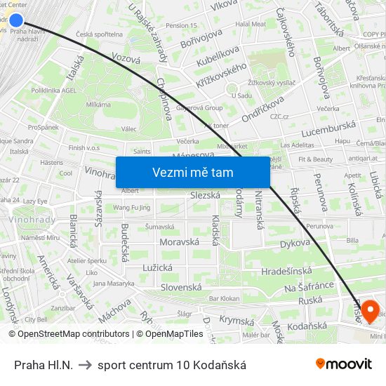 Praha Hl.N. to sport centrum 10 Kodaňská map