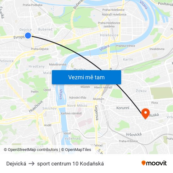 Dejvická to sport centrum 10 Kodaňská map