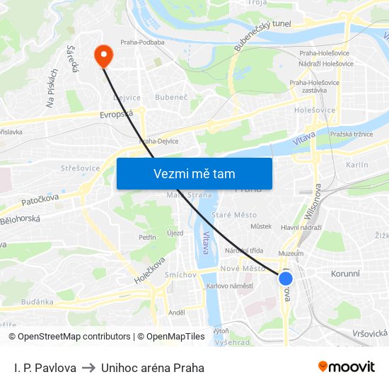 I. P. Pavlova to Unihoc aréna Praha map