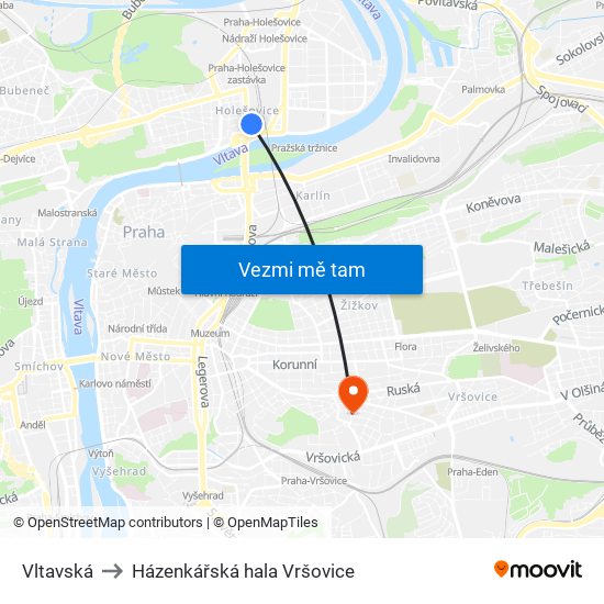 Vltavská to Házenkářská hala Vršovice map