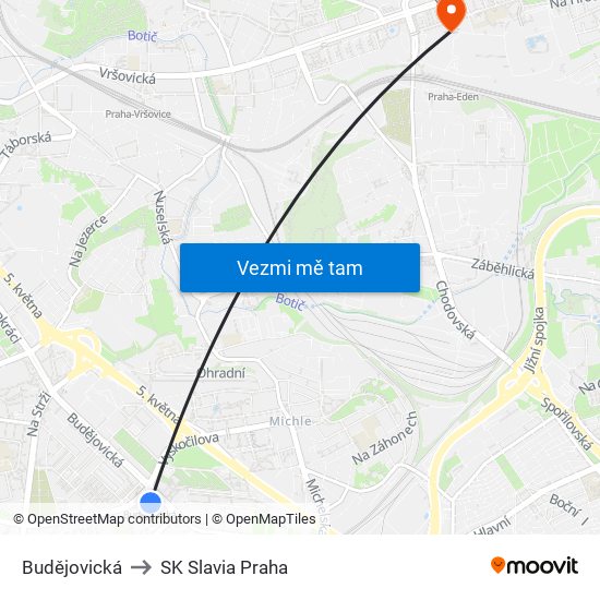 Budějovická to SK Slavia Praha map