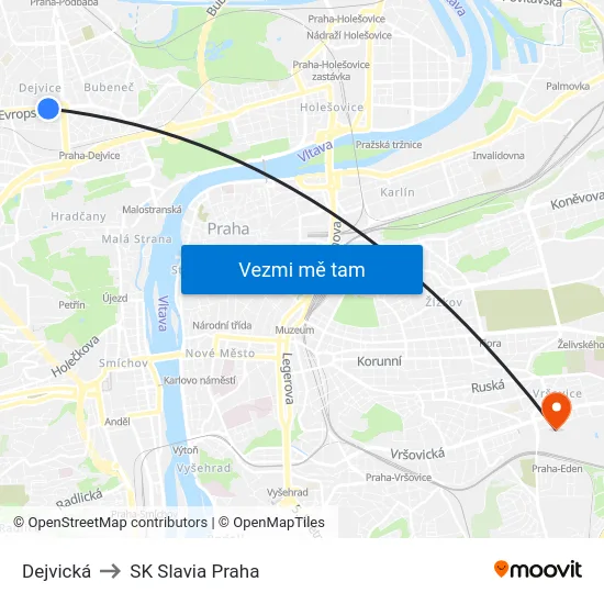 Dejvická to SK Slavia Praha map