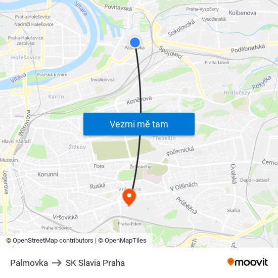 Palmovka to SK Slavia Praha map