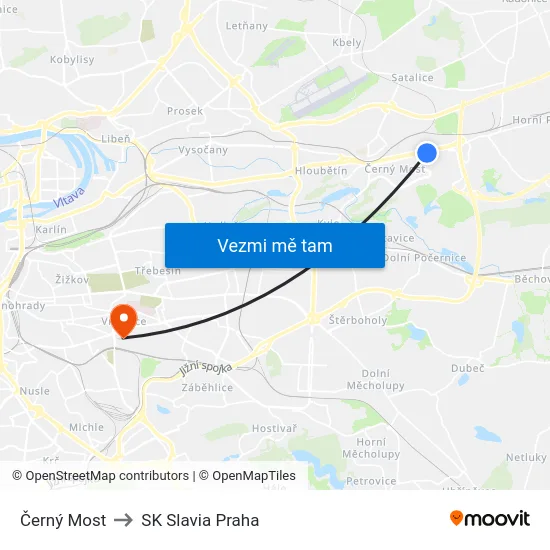 Černý Most to SK Slavia Praha map