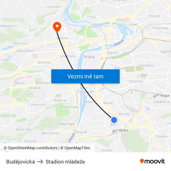 Budějovická to Stadion mládeže map