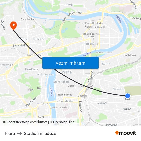 Flora to Stadion mládeže map