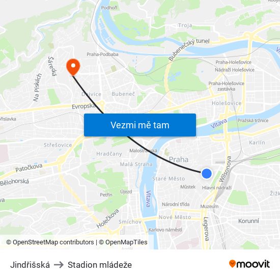 Jindřišská to Stadion mládeže map