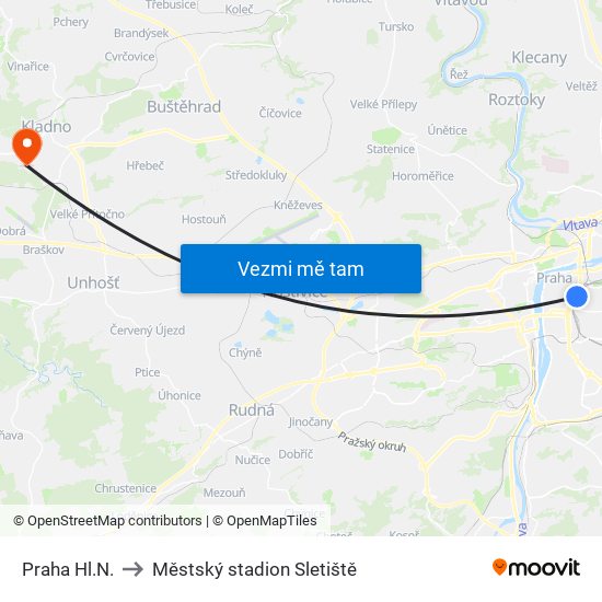 Praha Hl.N. to Městský stadion Sletiště map