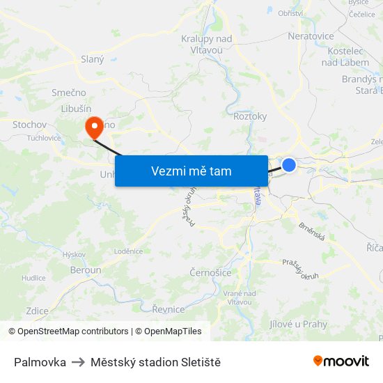 Palmovka to Městský stadion Sletiště map