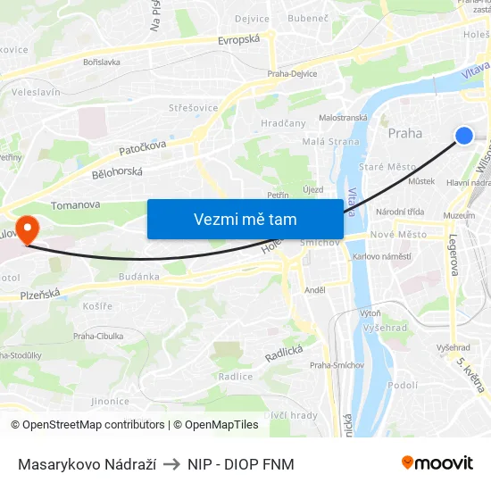 Masarykovo Nádraží to NIP - DIOP FNM map