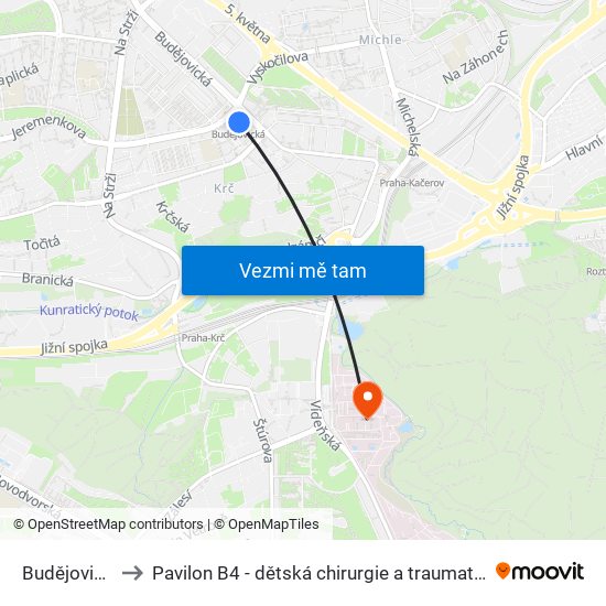 Budějovická to Pavilon B4 - dětská chirurgie a traumatologie map