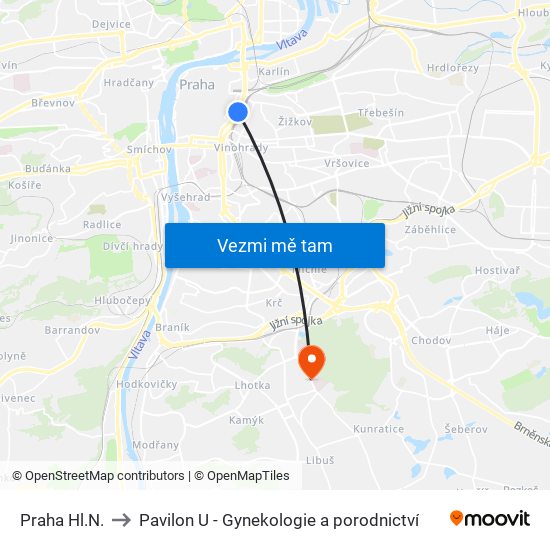 Praha Hl.N. to Pavilon U - Gynekologie a porodnictví map