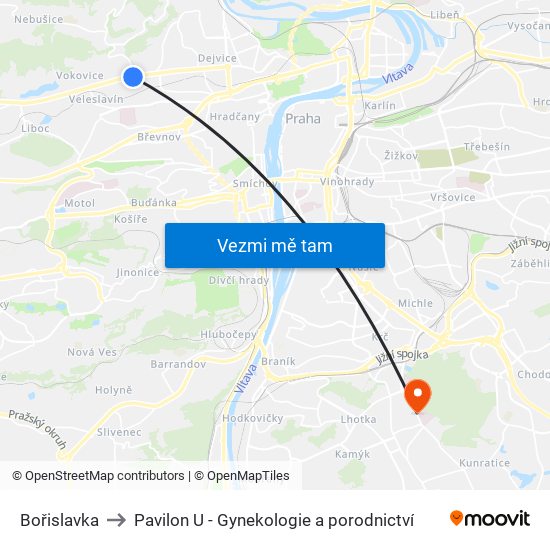 Bořislavka to Pavilon U - Gynekologie a porodnictví map