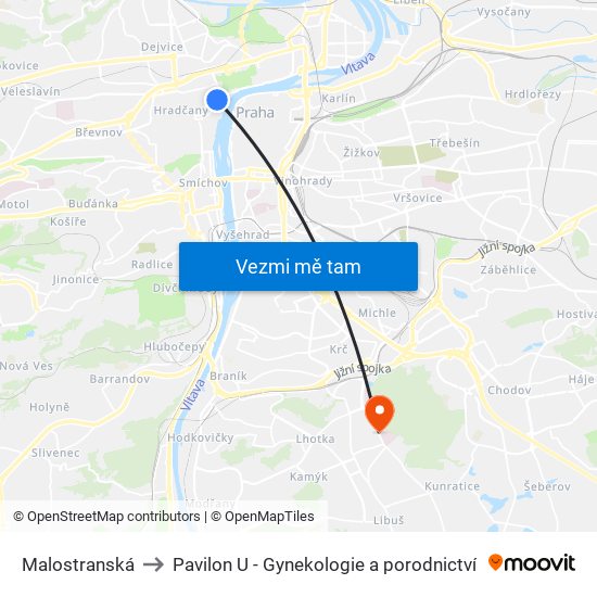 Malostranská to Pavilon U - Gynekologie a porodnictví map