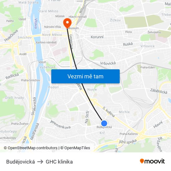 Budějovická to GHC klinika map