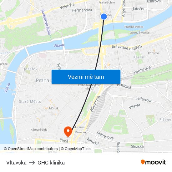 Vltavská to GHC klinika map