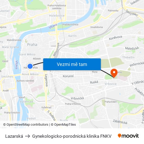 Lazarská to Gynekologicko-porodnická klinika FNKV map