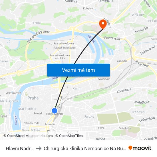 Hlavní Nádraží to Chirurgická klinika Nemocnice Na Bulovce map