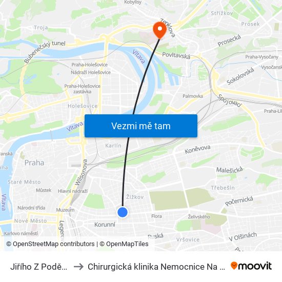 Jiřího Z Poděbrad to Chirurgická klinika Nemocnice Na Bulovce map