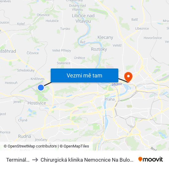 Terminál 1 to Chirurgická klinika Nemocnice Na Bulovce map