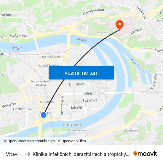 Vltavská to Klinika infekčních, parazitárních a tropických nemocí map