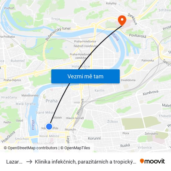 Lazarská to Klinika infekčních, parazitárních a tropických nemocí map